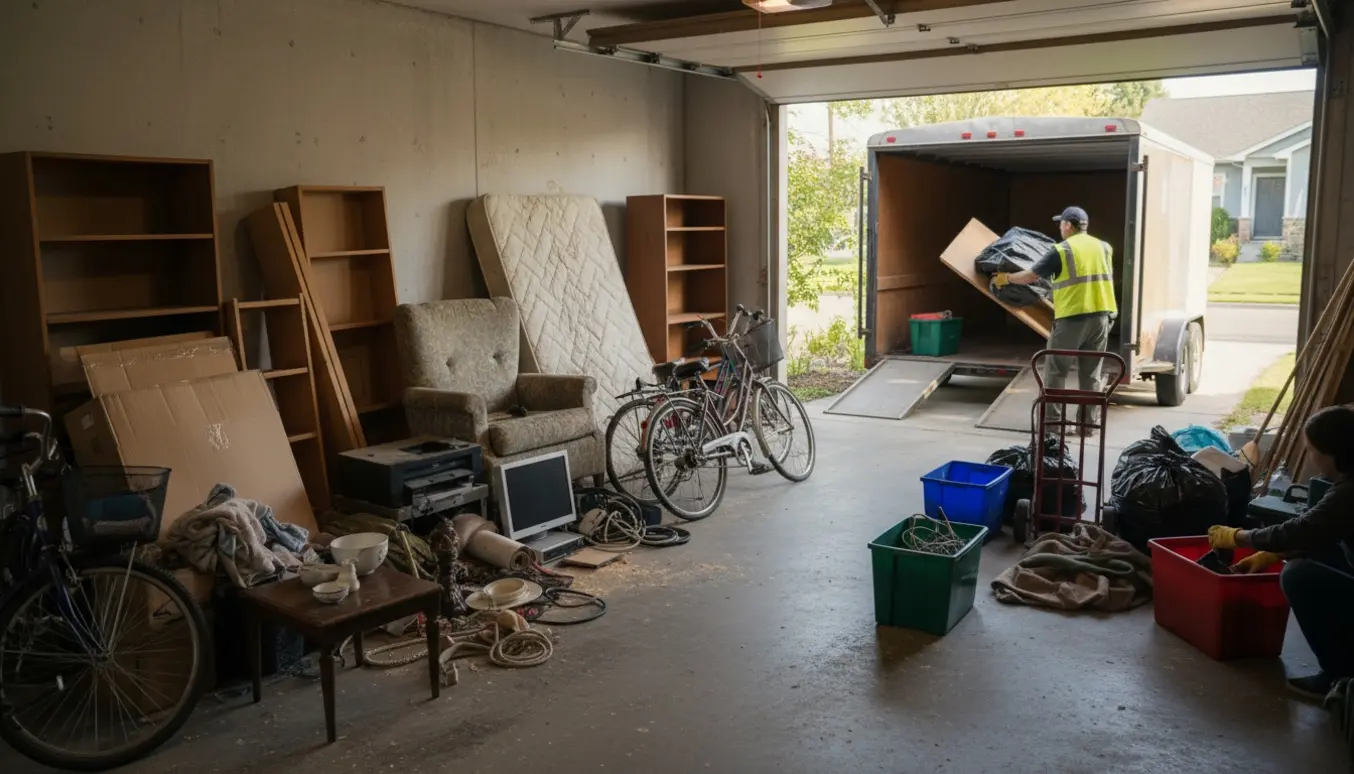 En fyldt garage med storskrald, hvor hænder og rygge sorterer affald, mens en trailer står klar udenfor.