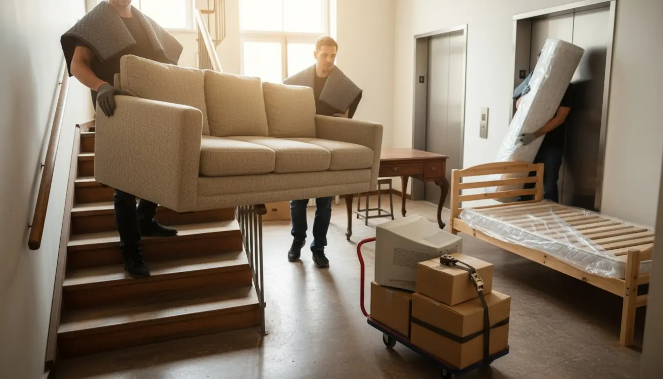 Flyttemænd bærer en tresæders sofa og et stort skrivebord ned ad en trappe, mens en gammel computer og kasser står på en tralle klar til afhentning.