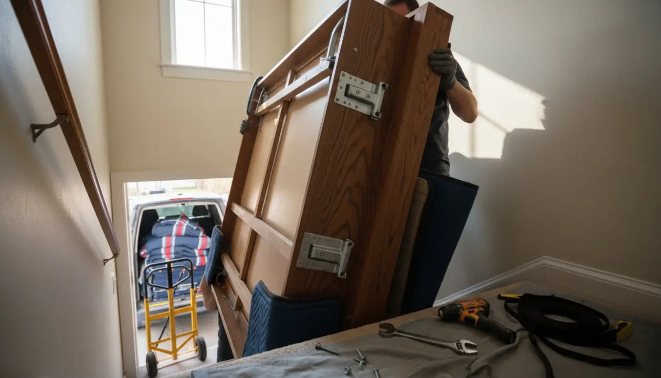 To flyttemænd bærer en delvis nedmonteret væghængt skabsseng ned ad en smal trappe mod en åben varevogn.