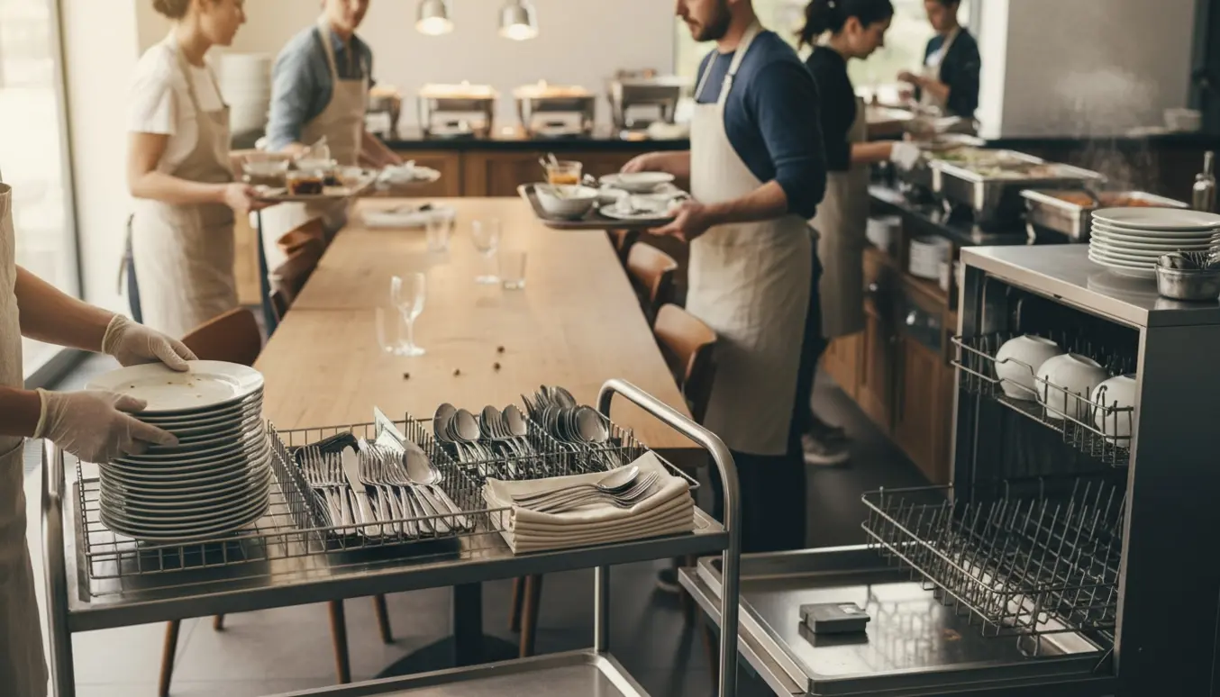 Frivillige rydder et langt middagsbord og stabler brugte tallerkener ved en industriopvaskemaskine efter buffet.