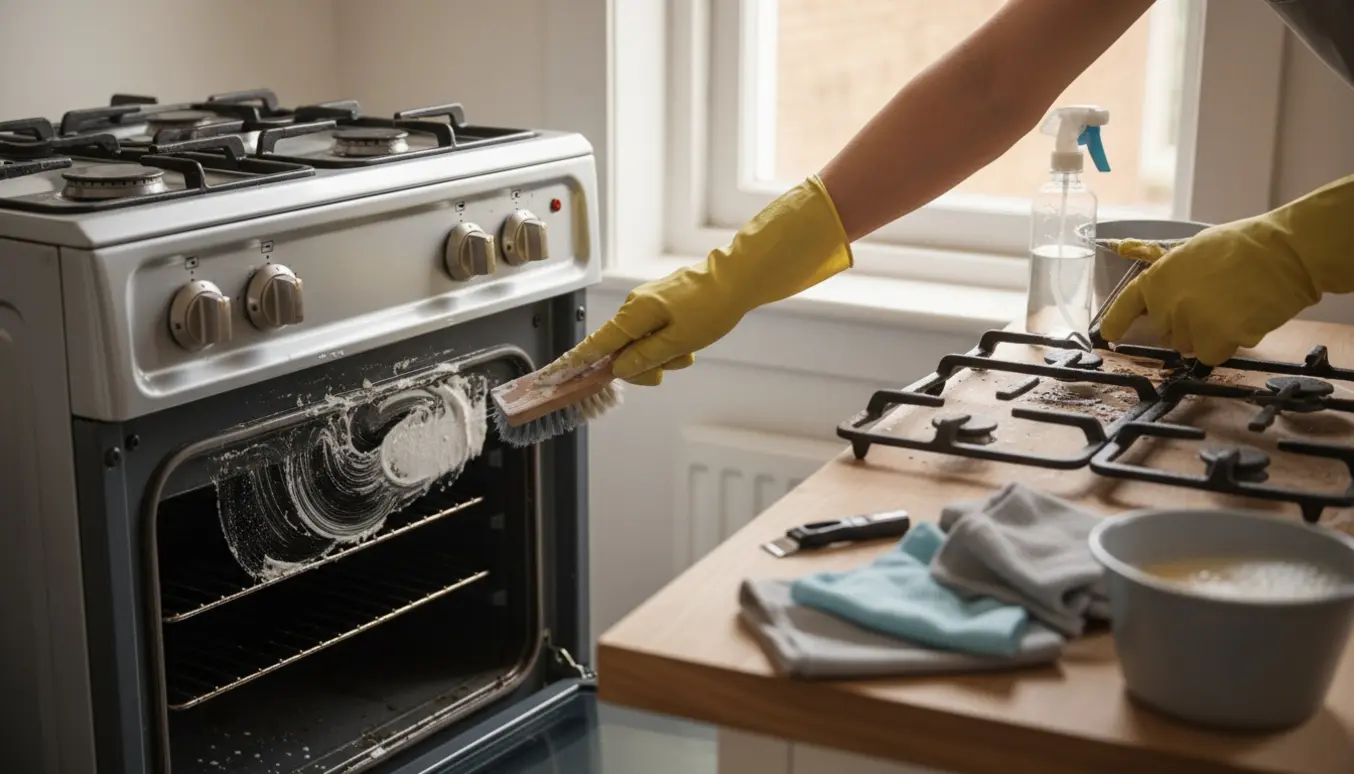 Hænder i handsker skrubber en meget snavset gaskomfur og el-ovn med ovnriste og rengøringsredskaber på køkkenbordet.