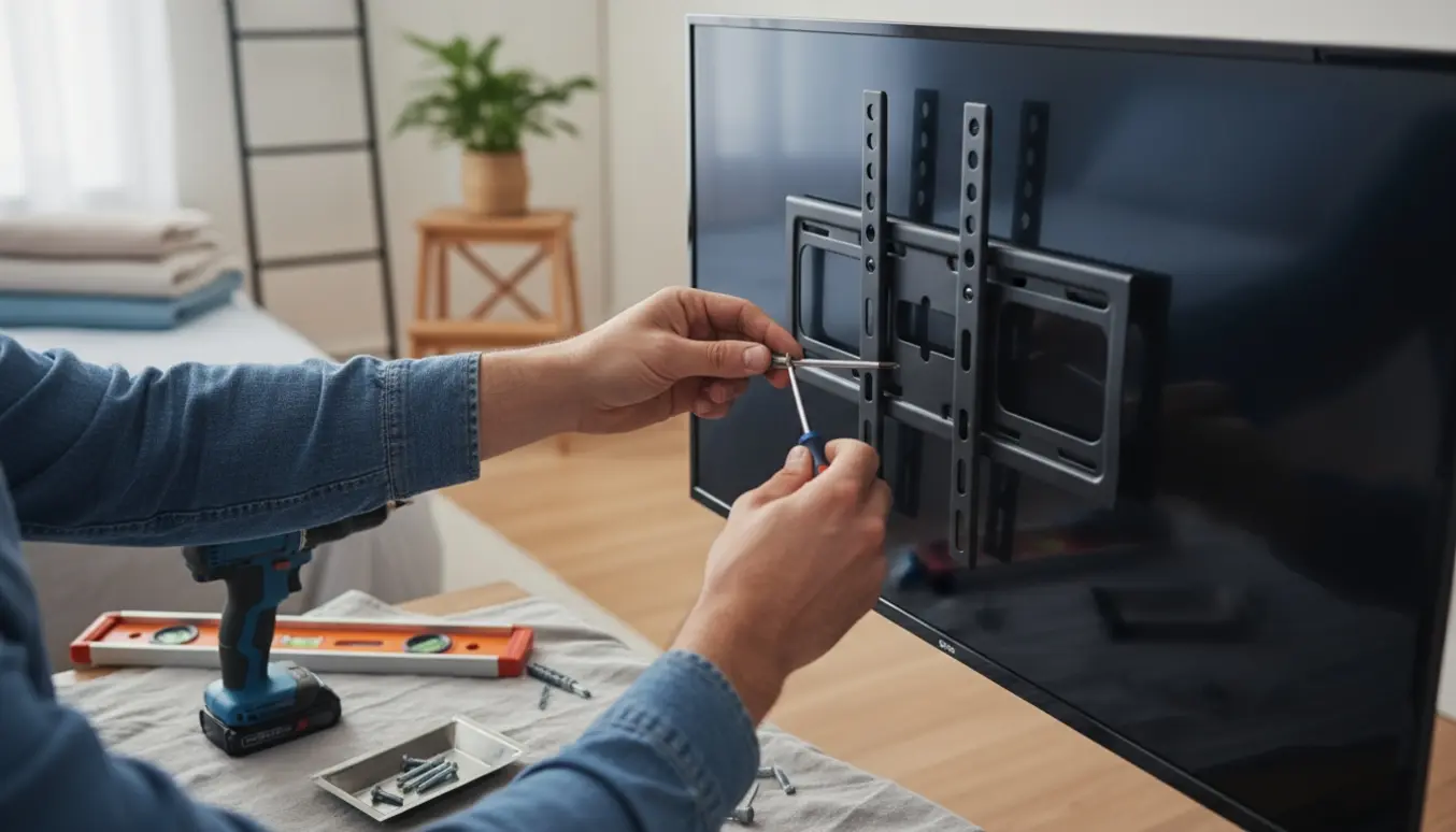 En person monterer et fladskærms-tv på væggen i et lyst værelse og fjerner en slidt skrue med en skruetrækker.