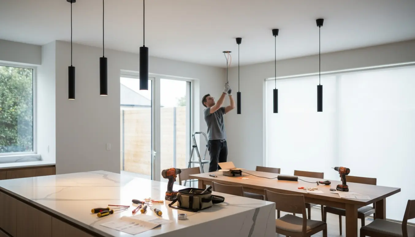 Installatør monterer pendellamper i et lyst køkken-alrum med stige og værktøj.