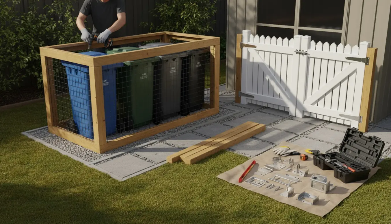 Hjørne af baghave med skraldestativ til fire spande med rionet og lavt hvidt stakit med to låger, værktøj og beslag klar til montering.