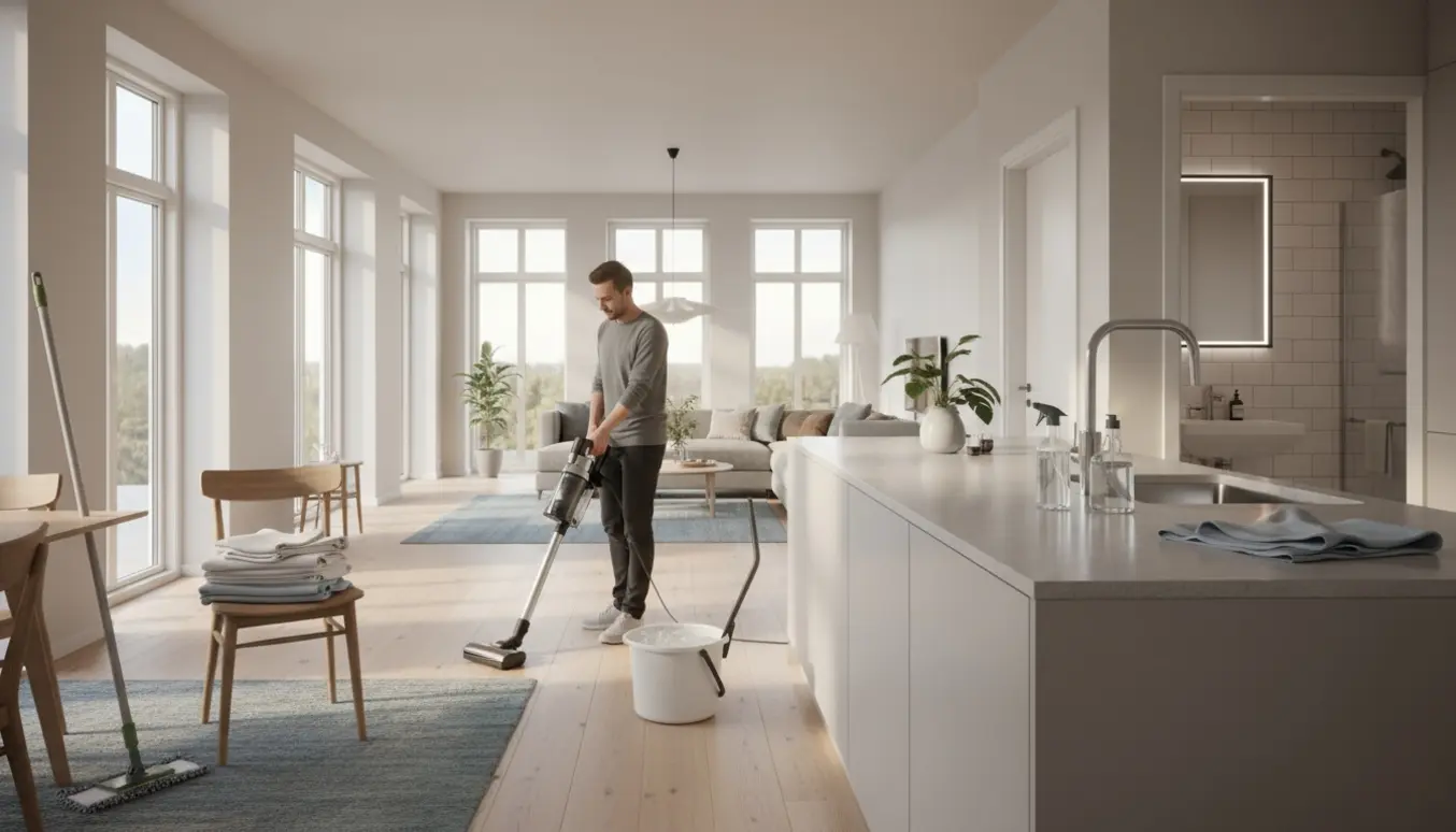 Lys dansk lejlighed under professionel rengøring med støvsuger, moppe og rengøringsudstyr.