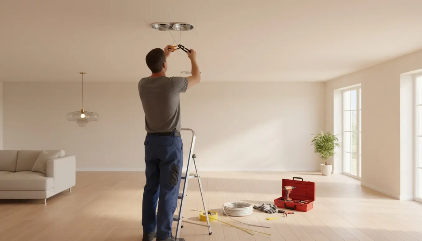 Elektriker på stige installerer to nye lampeudtag i loftet i en lys og rolig stue.