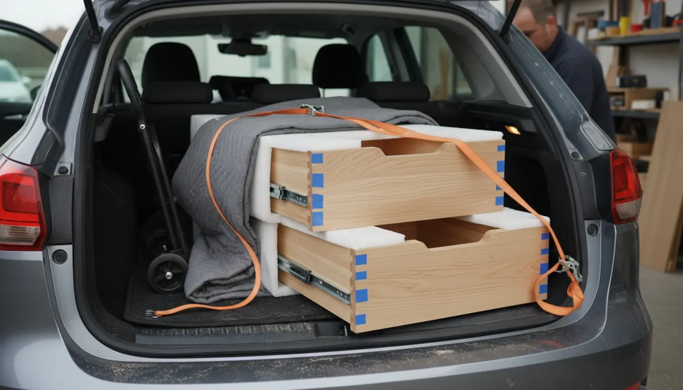 Seks køkkenskuffer pakket i bagagerummet på en personbil klar til lakering.