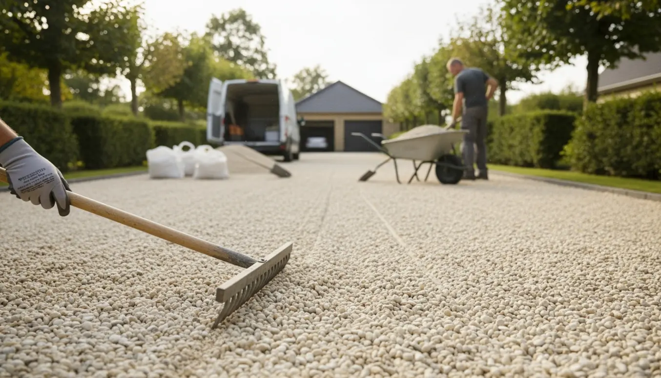 Trillebør, rive og skovl fordeler nye perlesten jævnt på en lang indkørsel.