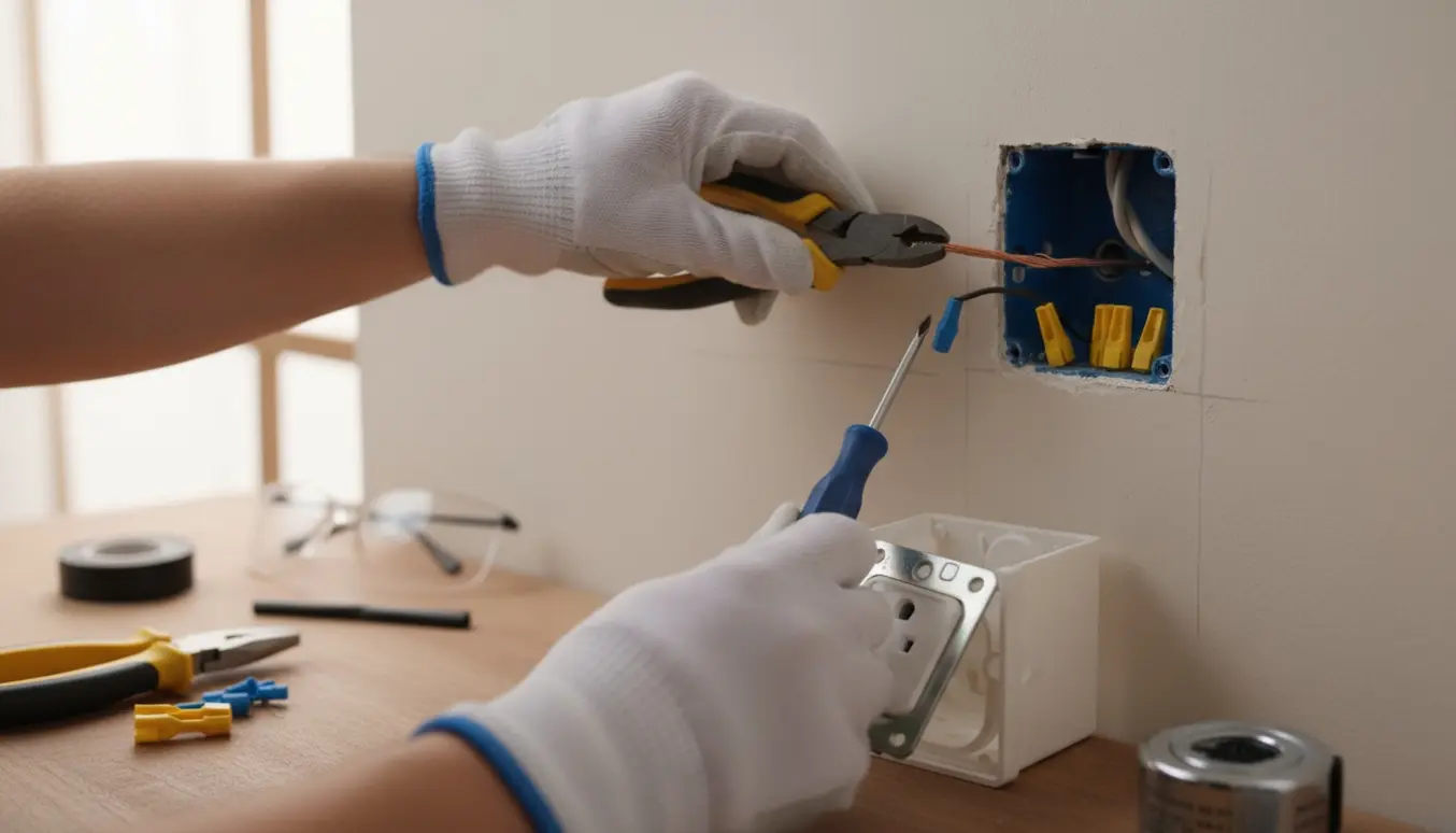 Nærbillede af hænder, der forlænger en ledning og flytter en åben vægstikkontakt med værktøj på et hjemmemiljø.