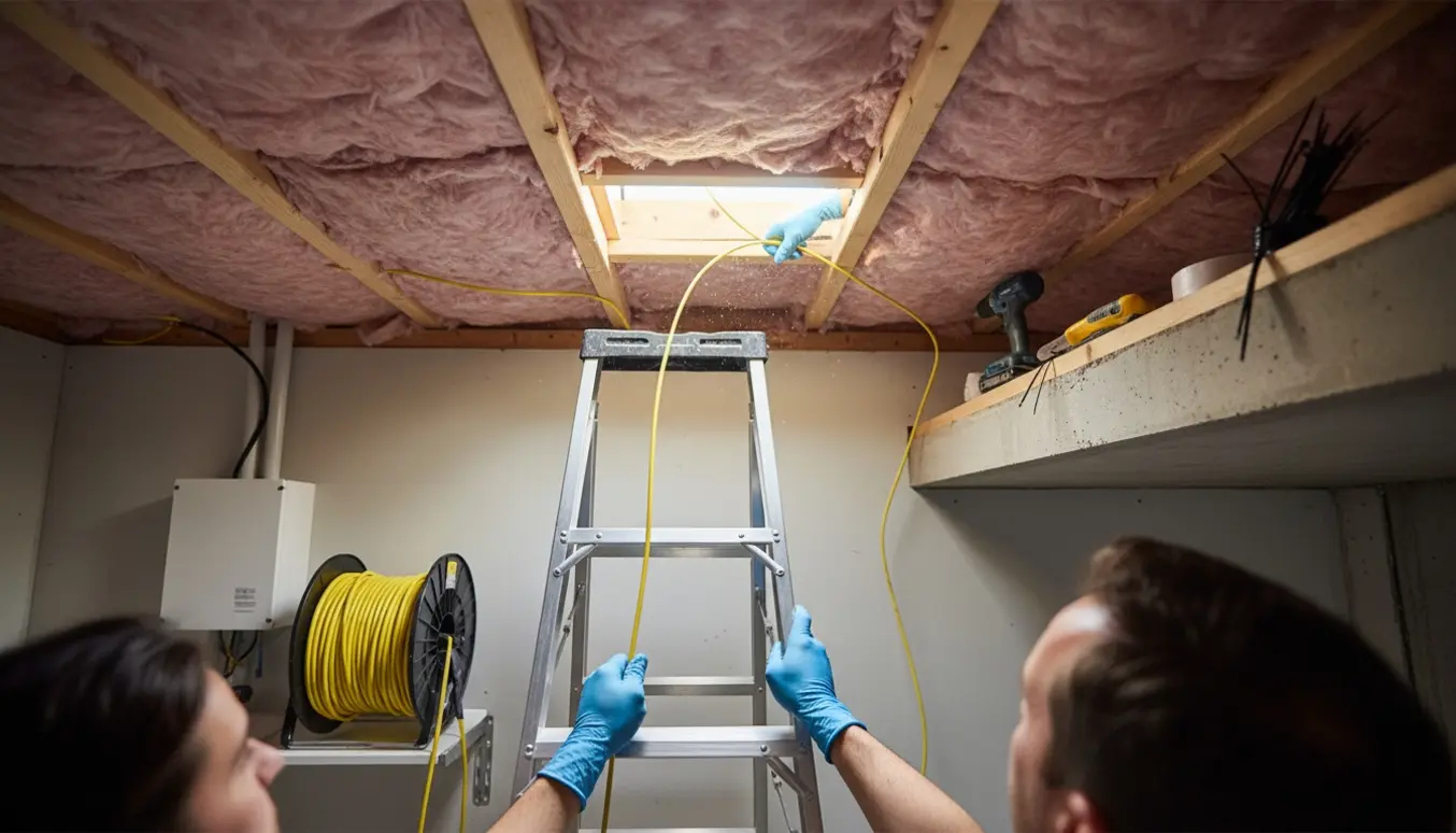 Hænder fører et guldfarvet fiberkabel fra kælderen op gennem en åben loftsluge med stige og værktøj.