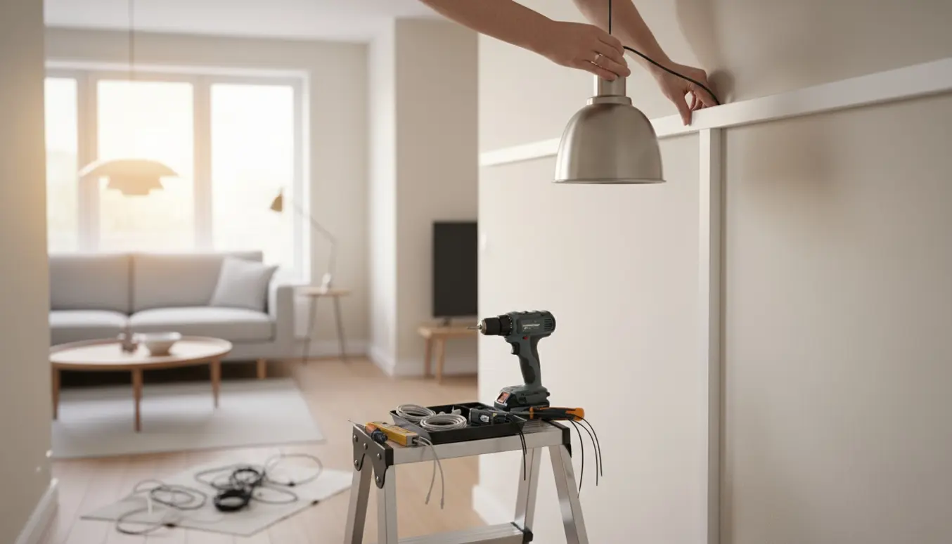 Hænder monterer en ledningsliste og opsætter en lampe i en moderne lejlighed.