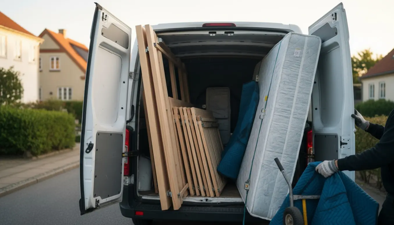 Disselementer af en seng og en madras læsset i en hvid varevogn på en stille dansk villavej.
