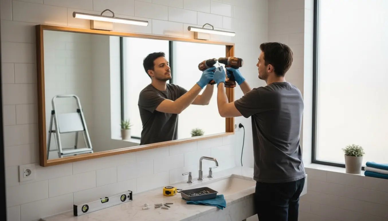 To lamper monteres over et spejl i et lyst, moderne badeværelse med værktøj på en stige.