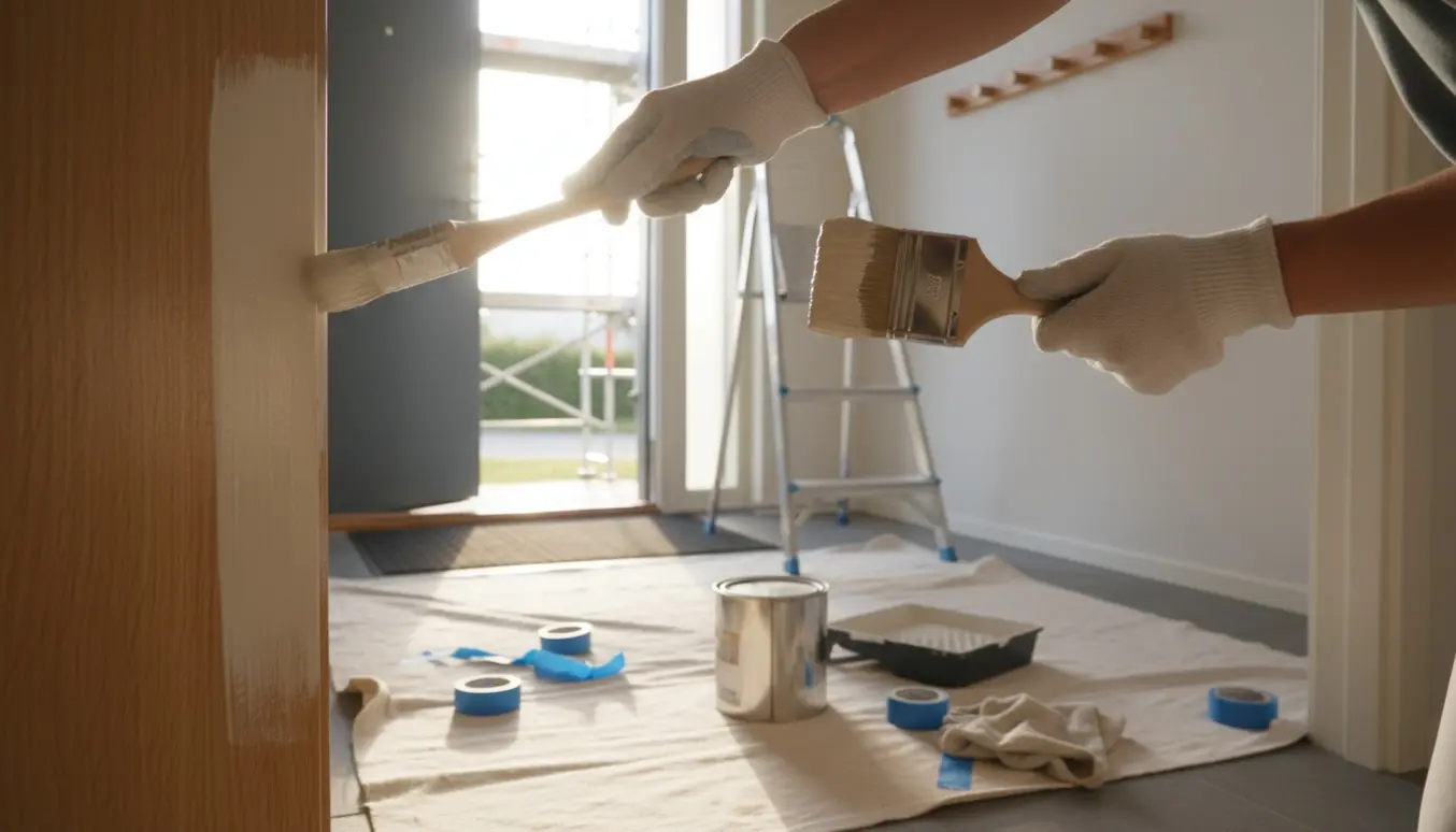 Hænder maler et husvindfang med pensel, stige og stillads i baggrunden.