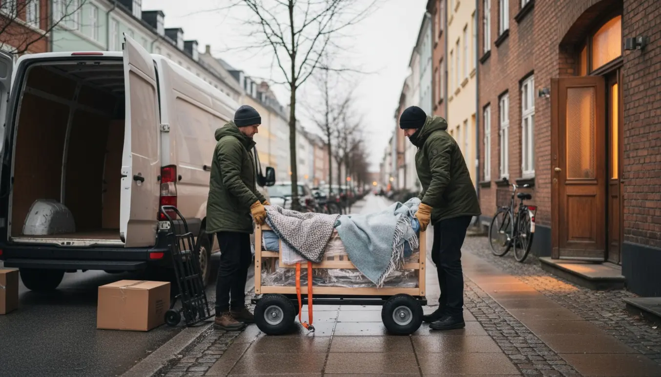 Indpakket barneseng læsses ind i en hvid varevogn på en vintergade i København.