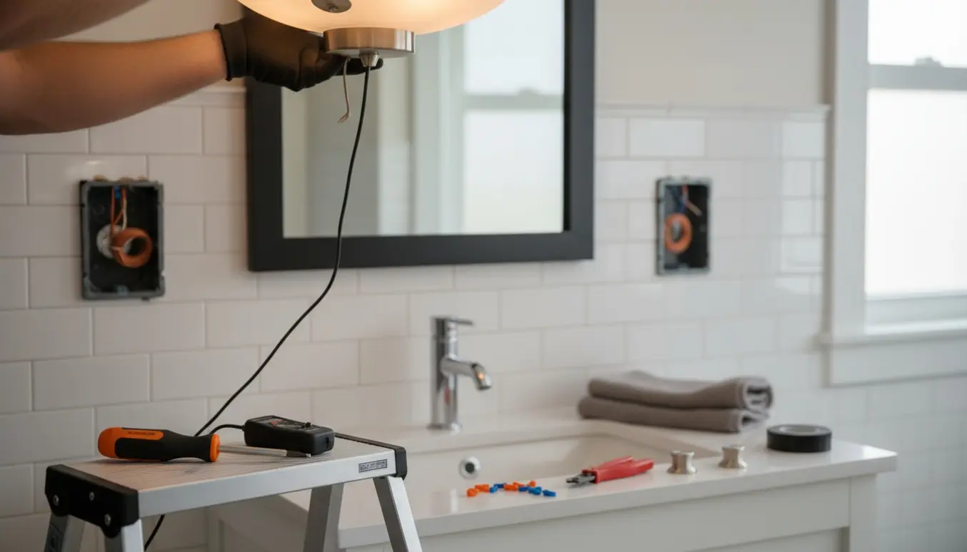 Hænder monterer badeværelseslampe og to nye elkontakter med lysdæmpere i et lyst badeværelse.