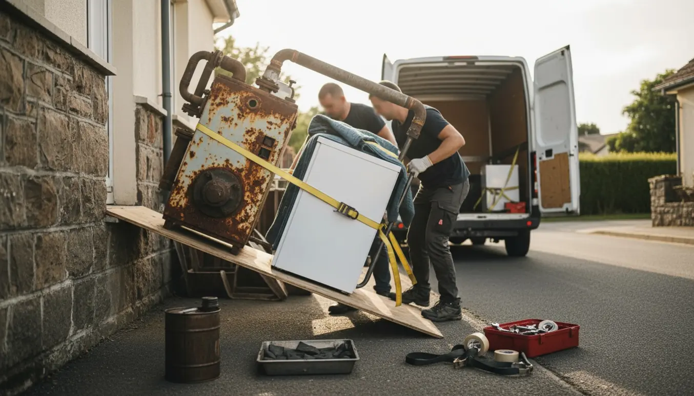 Flytning af et gammelt oliefyr og et køle-fryseskab ned ad indkørsel mod en varebil, set fra siden uden synlige ansigter.