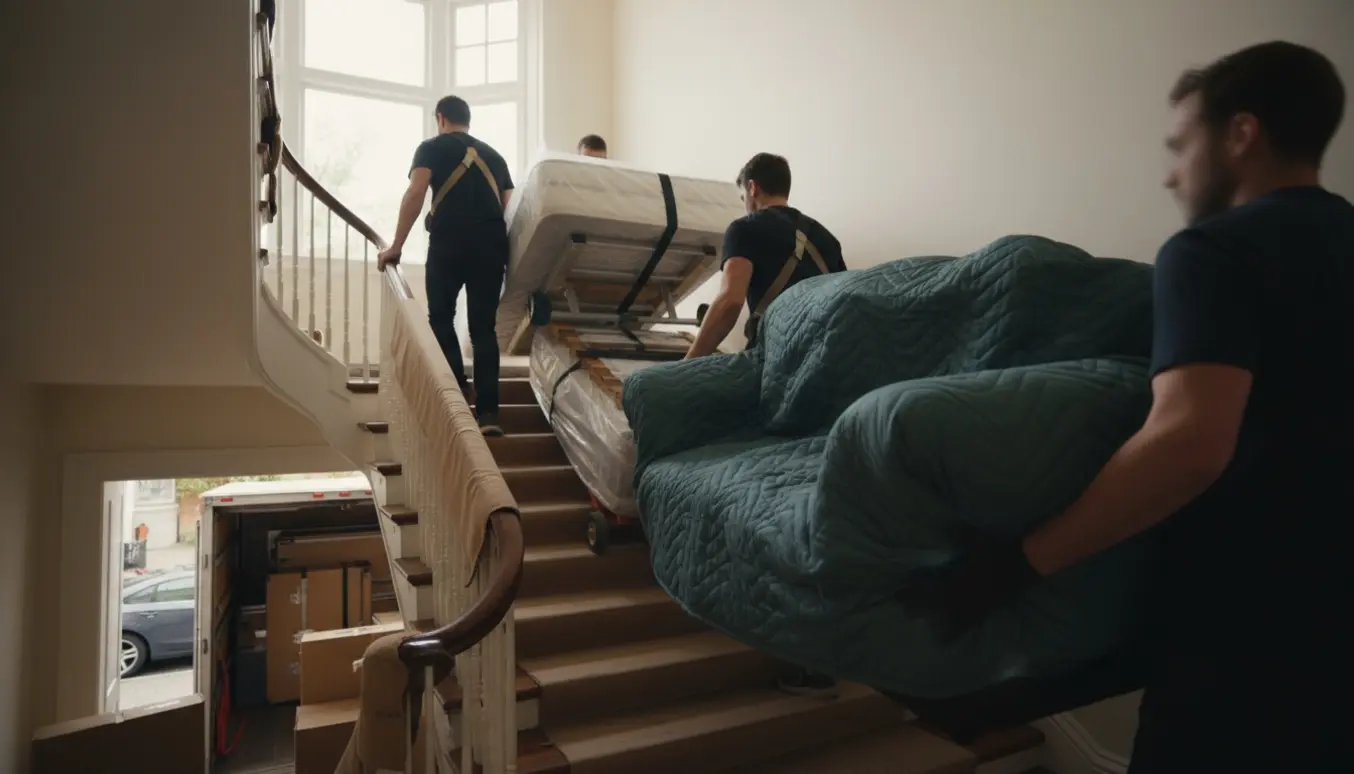 Flyttefolk bærer to dobbeltsenge og en sofa op ad en lys trappe med flyttetæpper og stropper.