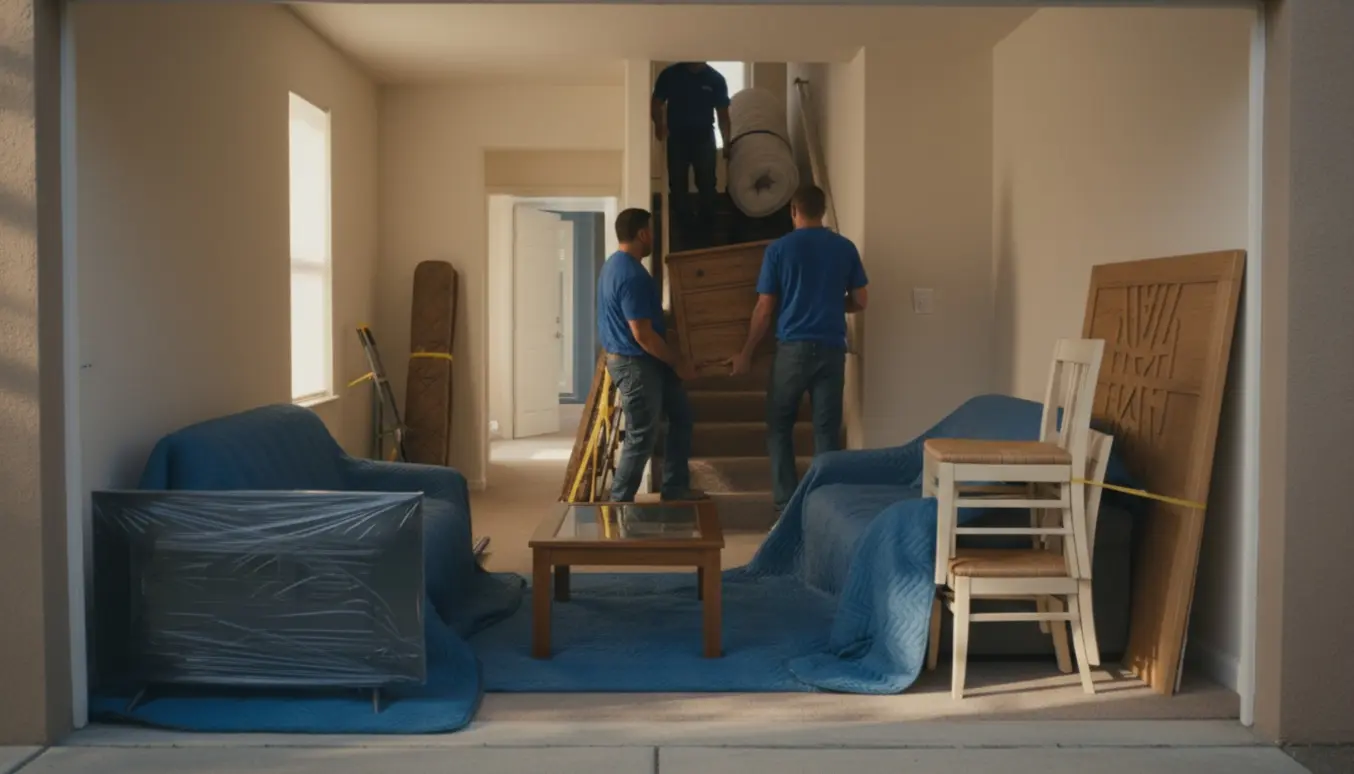 Flyttere bærer en kommode og en seng op ad trappen omgivet af møbler og pakkede kasser.