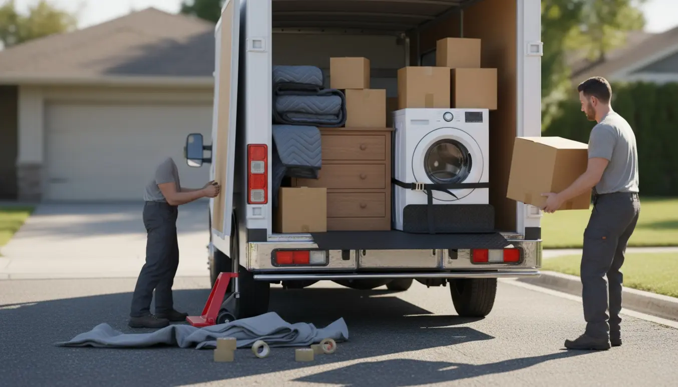 Åben varevogn lastes med 15 flyttekasser, to kommoder og en vaskemaskine på en stille villavej.