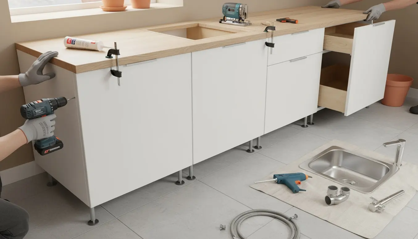 Tre underskabe monteres på ben med en bordplade, vask og værktøj i et lyst bryggers.