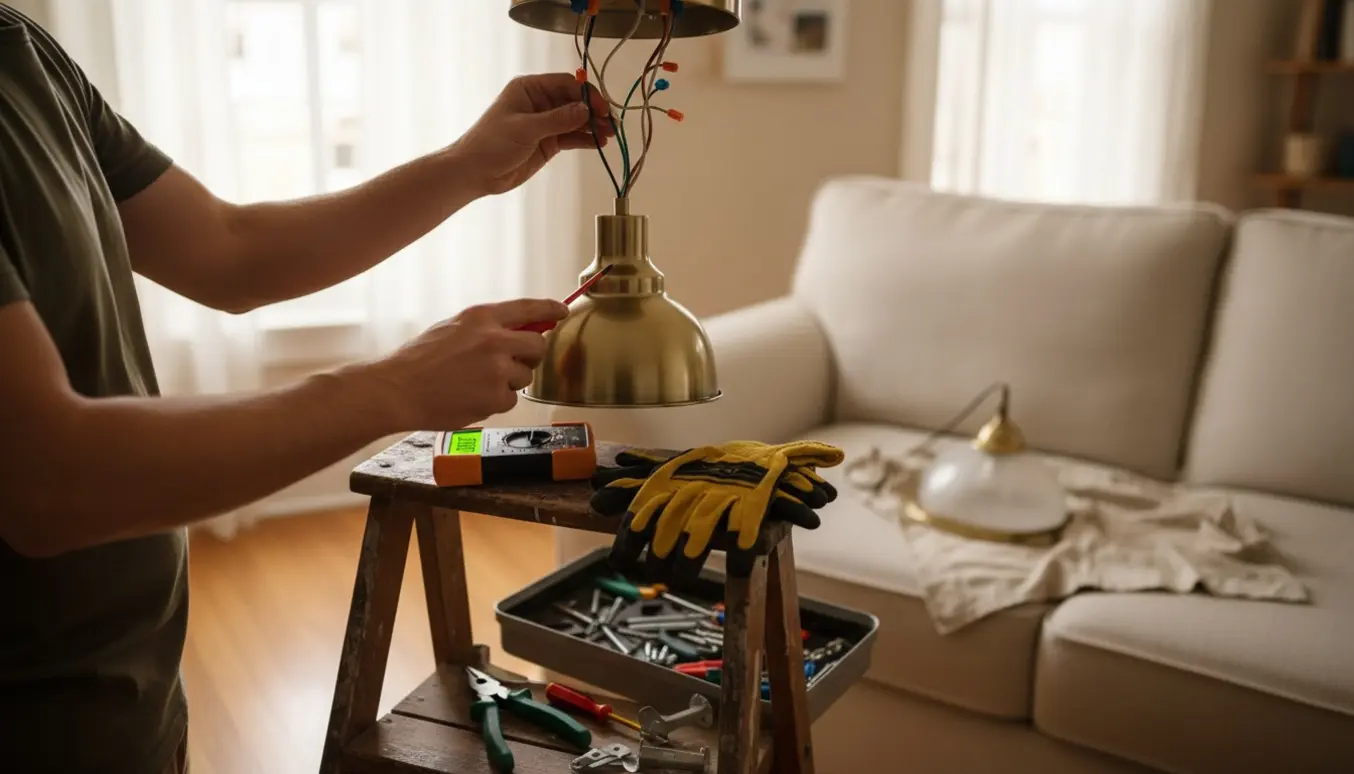 Hænder monterer en ny loftlampe og tilslutter ledninger fra en stige i en stue.