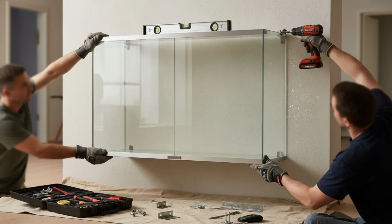 Tungt glas skab monteres på en gipsvæg med værktøj og hænder synlige.