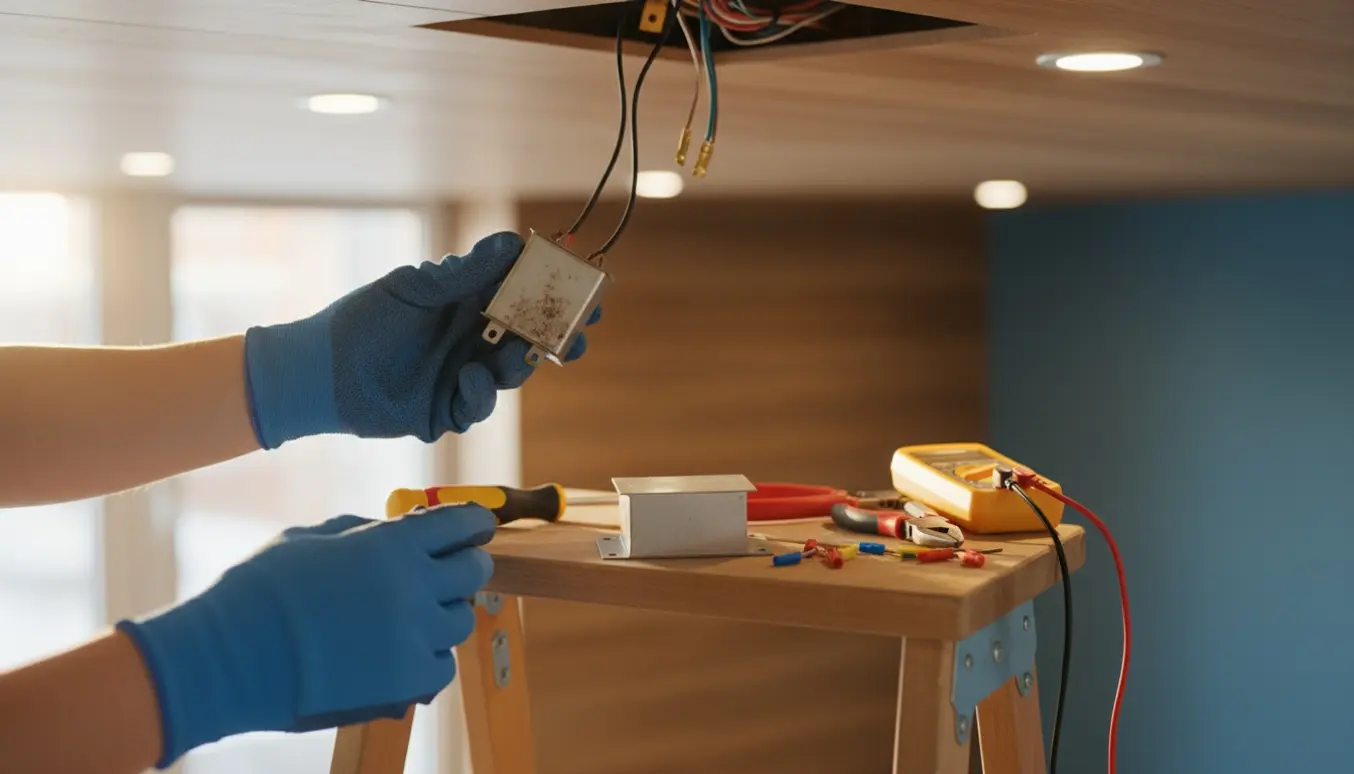 Hænder i isolerede handsker udskifter en defekt transformer til indbygningsspots på en stige med værktøj og nye komponenter.