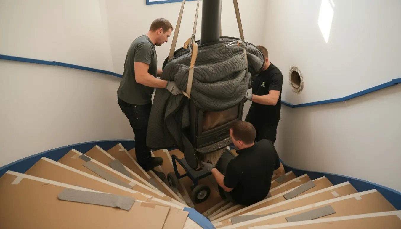 Væghængt Morsø brændeovn sænkes forsigtigt ned ad trappe med løftestropper og gulvbeskyttelse.