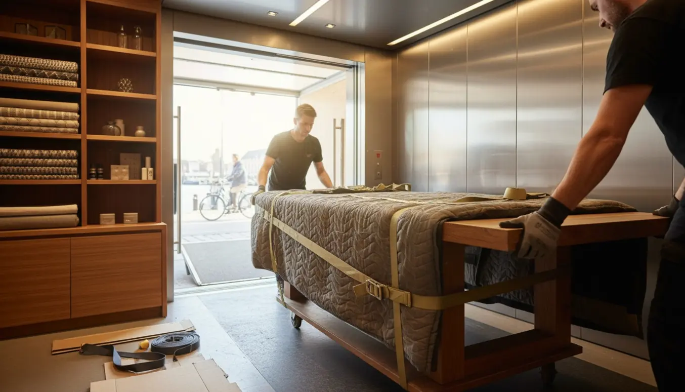 Et stort træspisebord indpakket i flyttetæpper bæres ind i en elevator af to flyttemedarbejdere.