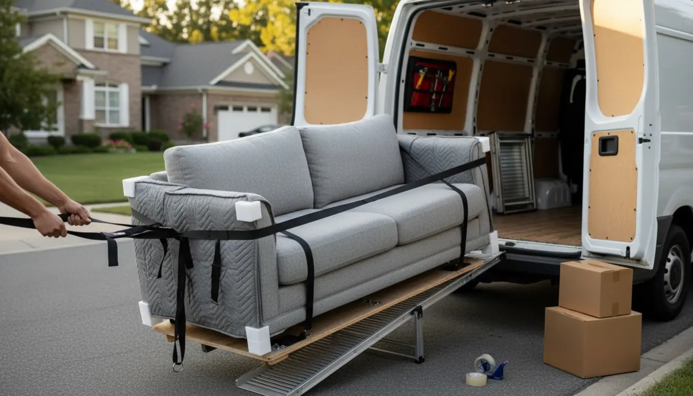 Lastning af en sofa i en varevogn på en stille villavej med movingudstyr.