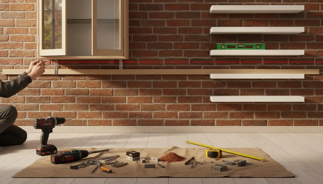 Vitrineskab og fem reoler hænges op på en murstensvæg med laser, boremaskine og ophængsbeslag.