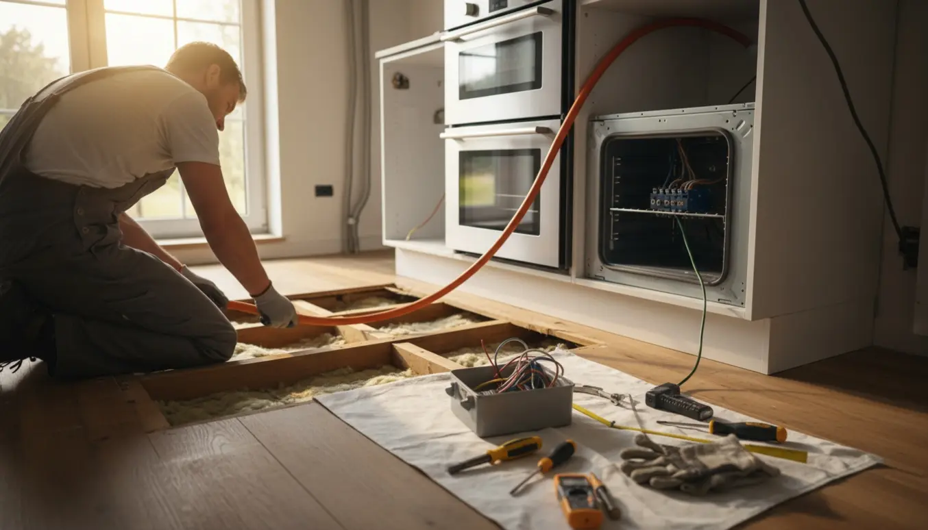 Elektriker fører en kraftig ovnsledning gennem et åbent gulv for at flytte ovnen til en ny placering.