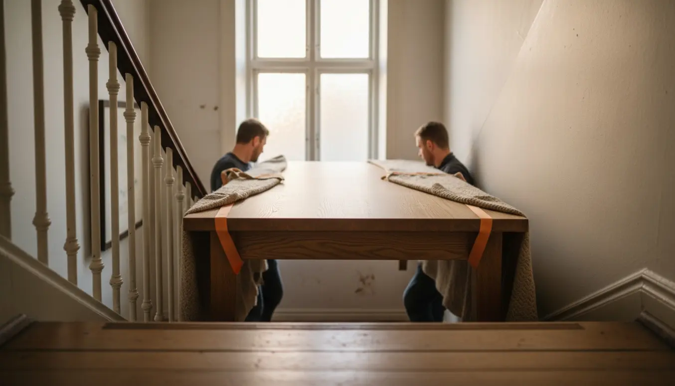 To personer bærer en stor træbordplade op ad en smal opgangstrappe i en klassisk københavnsk ejendom.