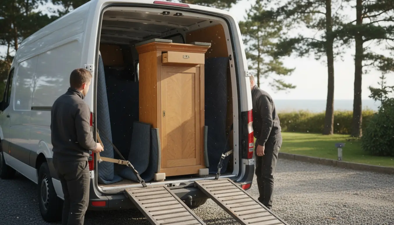 Et antikt træ-chatol læsses forsigtigt ind i en varevogn ved et sommerhus med flyttetæpper og stropper.