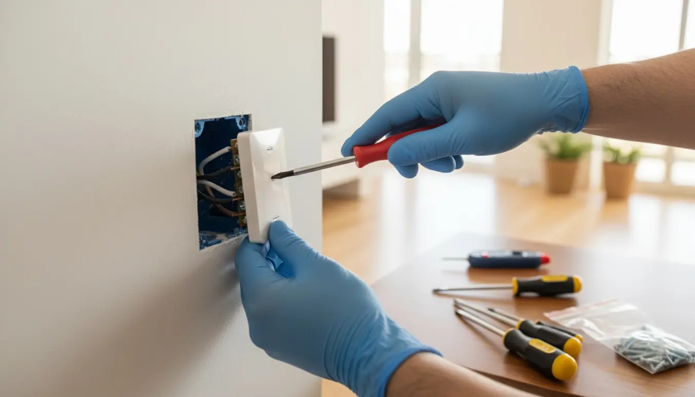 Nærbillede af hænder, der udskifter en lysdæmper med en almindelig hvid afbryder i en lys, moderne lejlighed.