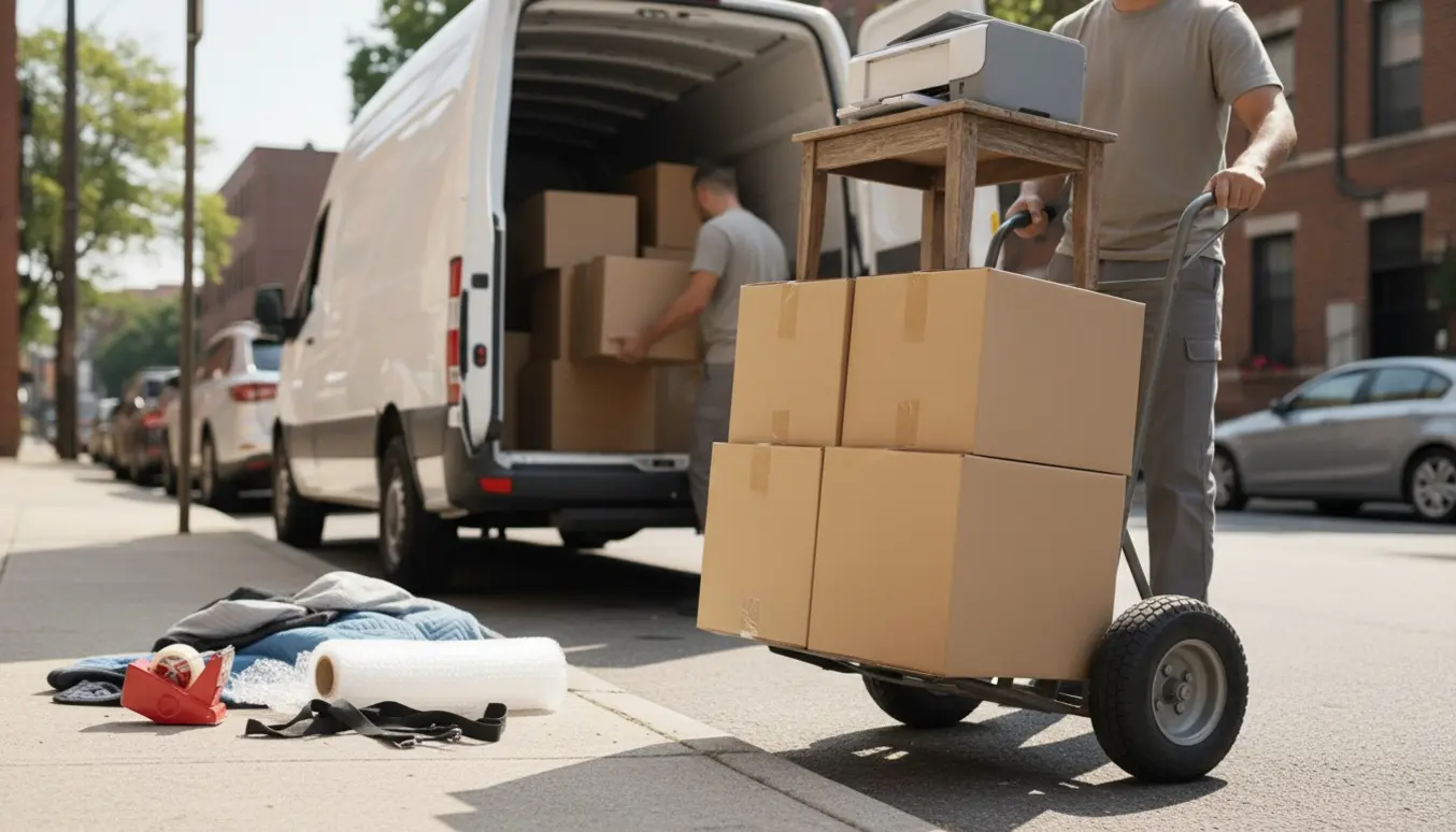 Flyttemænd læsser syv flyttekasser, et lille bord og en printer ind i en flyttevogn.