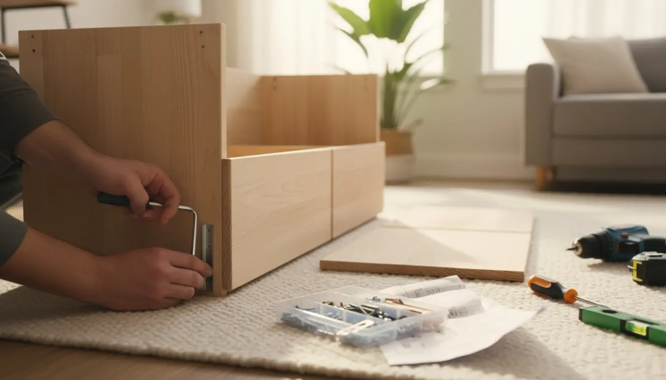 Delvist samlet trækommode på stuegulv med værktøj og hænder, klar til montering.