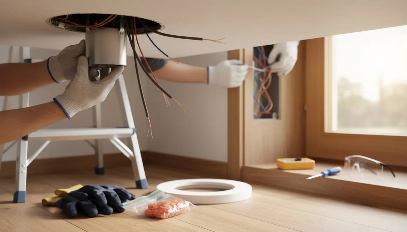 Hænder monterer en indbygningsspot i loftet mens ledninger til en ringeklokke undersøges ved dørkarmen.