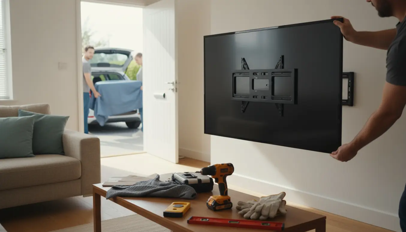 Ny fladskærm monteres på et vægbeslag, mens et gammelt TV bæres ud til en bil.