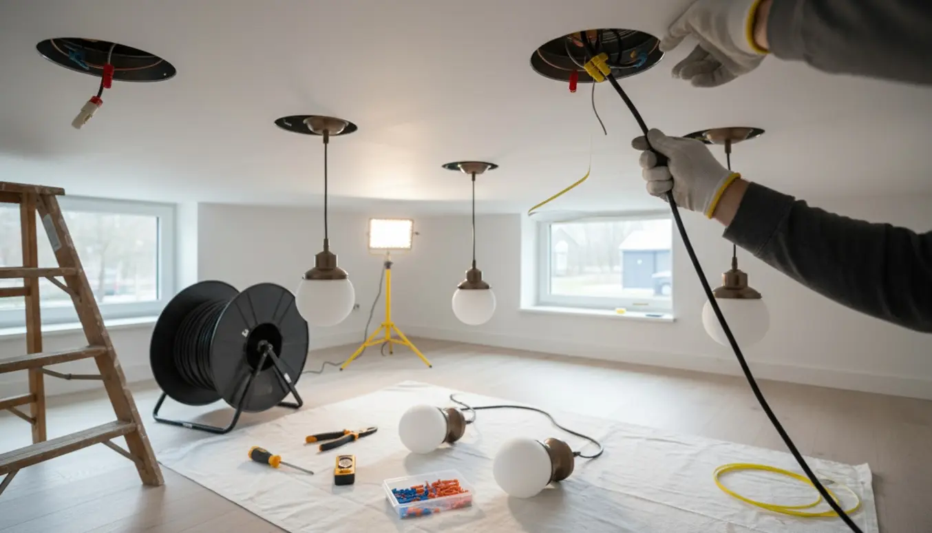 Håndværker trækker kabel og installerer fire loftslamper med kabeltromle og værktøj i nærheden.