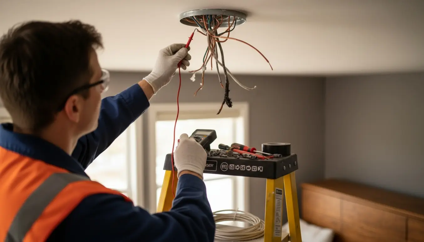 Elektriker med handsker tester og reparerer et loftsudtag med multimeter og synlige brændte ledninger.