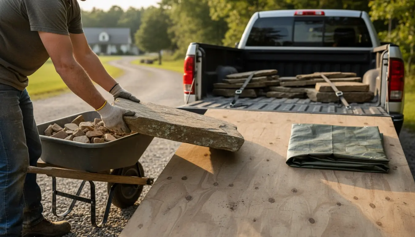 Nærbillede af hænder, der læsser natursten på en pickup i en indkørsel klar til transport.