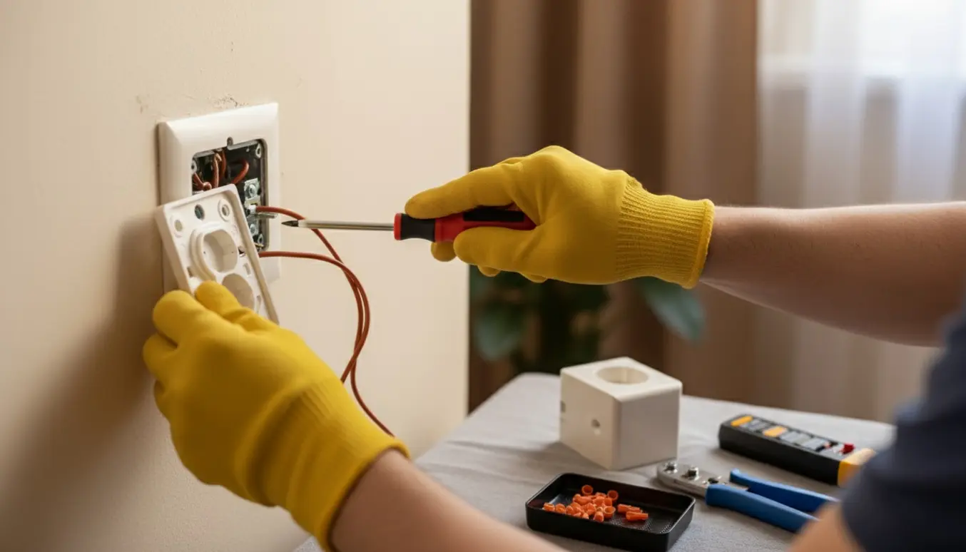Nærbillede af udskiftning af et strømudtag med værktøj og eksponerede ledninger.