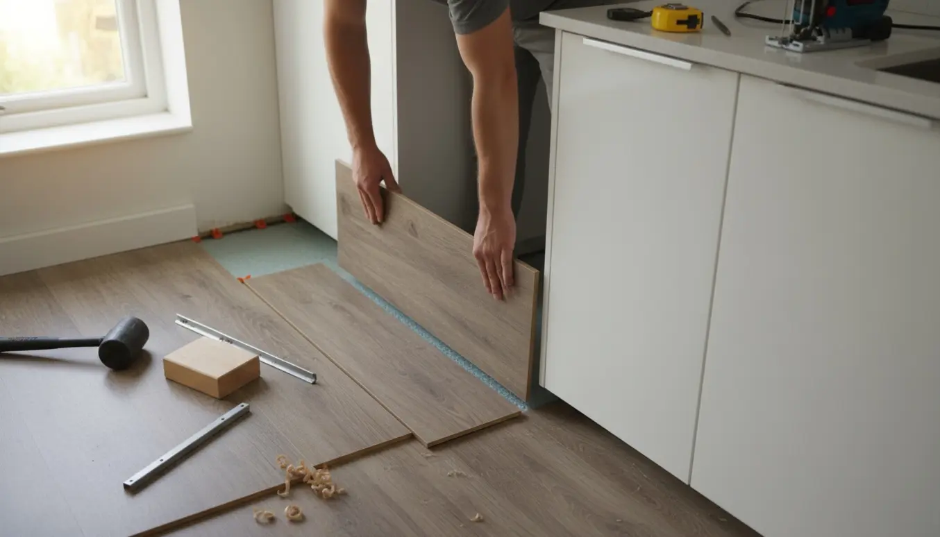 Hænder lægger laminatgulv i et lille køkken med værktøj og underlag i fokus.