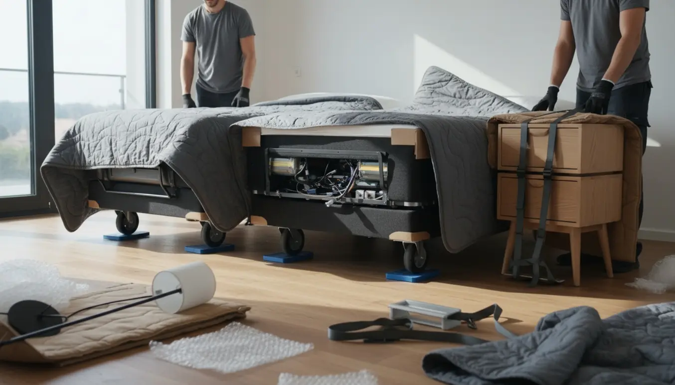 To elevationssenge, to små skænke og en standerlampe pakkes og flyttes i et lyst hjem.