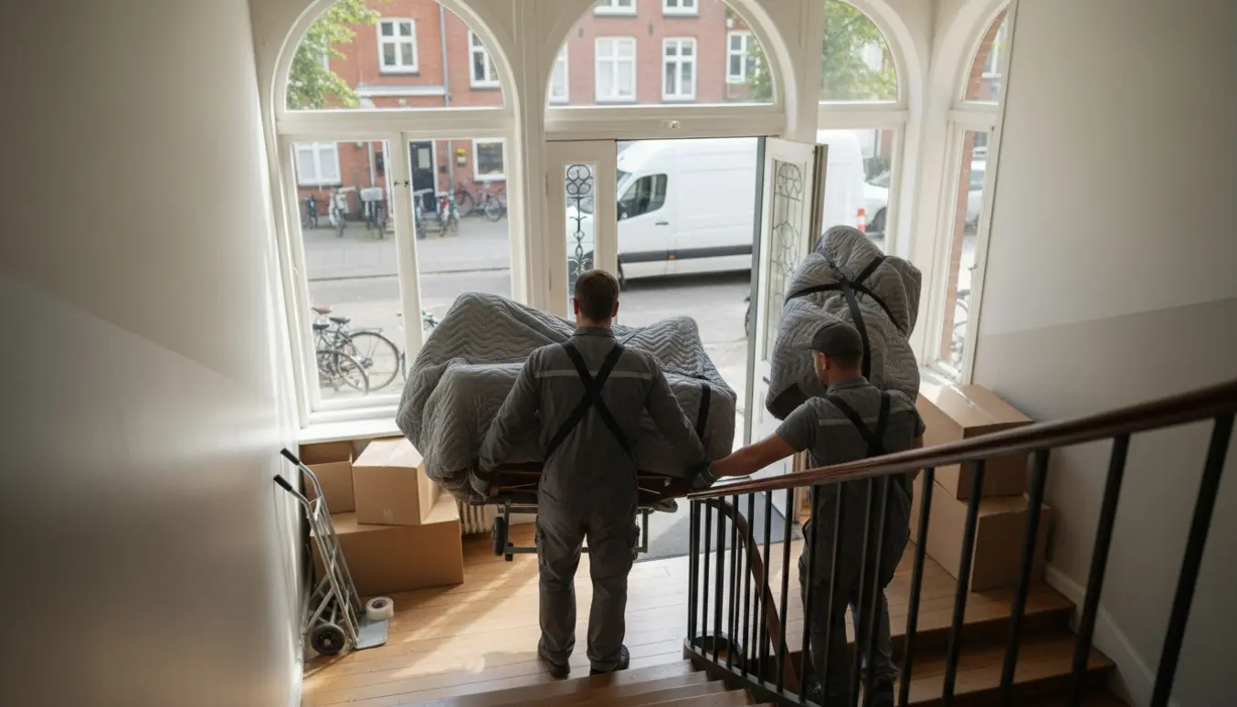 To flyttefolk bærer en indpakket sofa og to stole ned ad opgangen og læsser dem ind i en flyttebil.