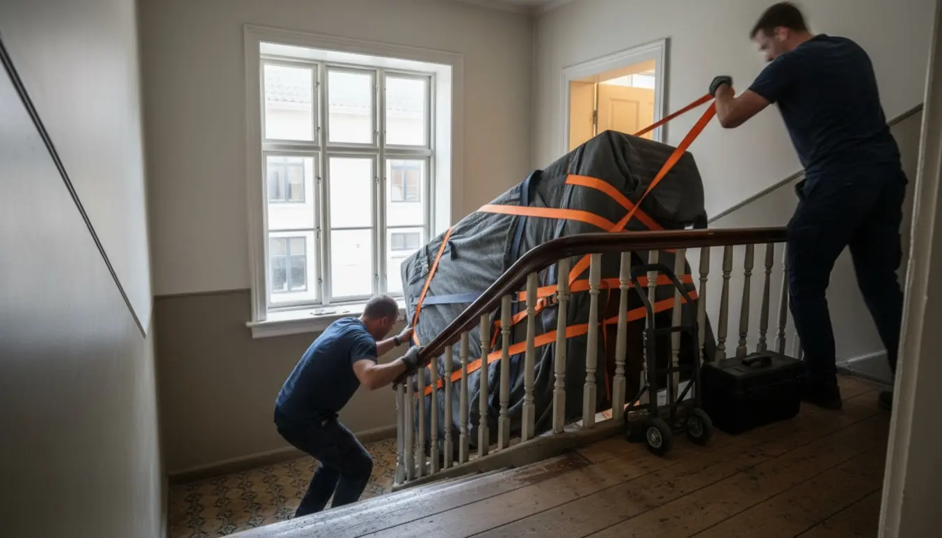 Flyttefolk manøvrerer et indpakket klaver rundt om en halv etage i en dansk trappeopgang.