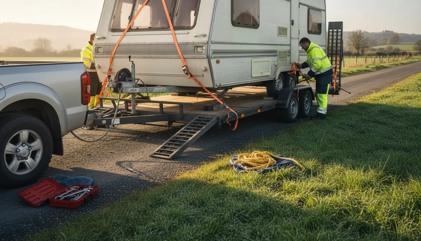 En midtstor campingvogn sikret med stropper på en fladbed-trailer klar til transport på en landevej.