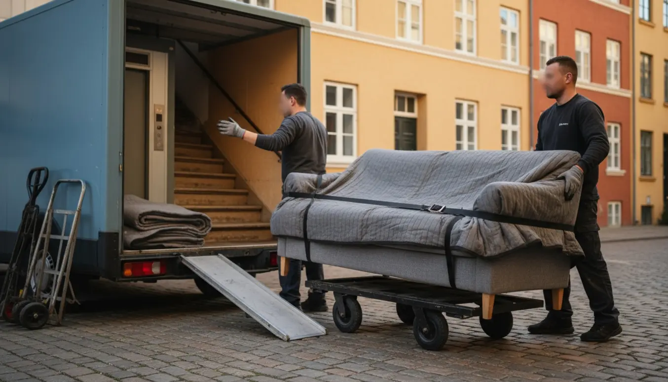 To personer bærer en indpakket sofa op ad en smal opgang med en flyttebil parkeret udenfor.